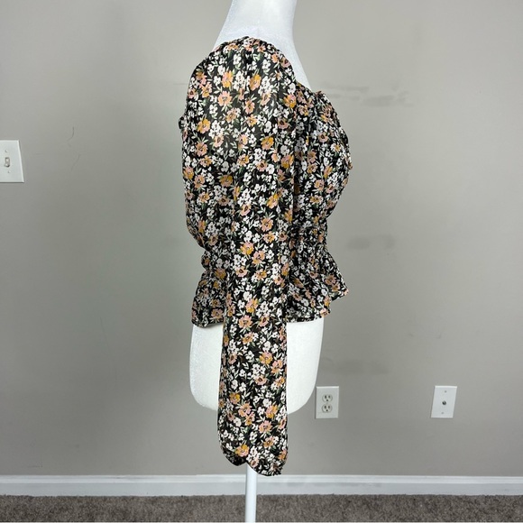 LUSH LONG SLEEVE BLACK FLORAL BLOUSE TIE NECK SMOCKED WAIST SIZE SMALL PETITE - Picture 12 of 16